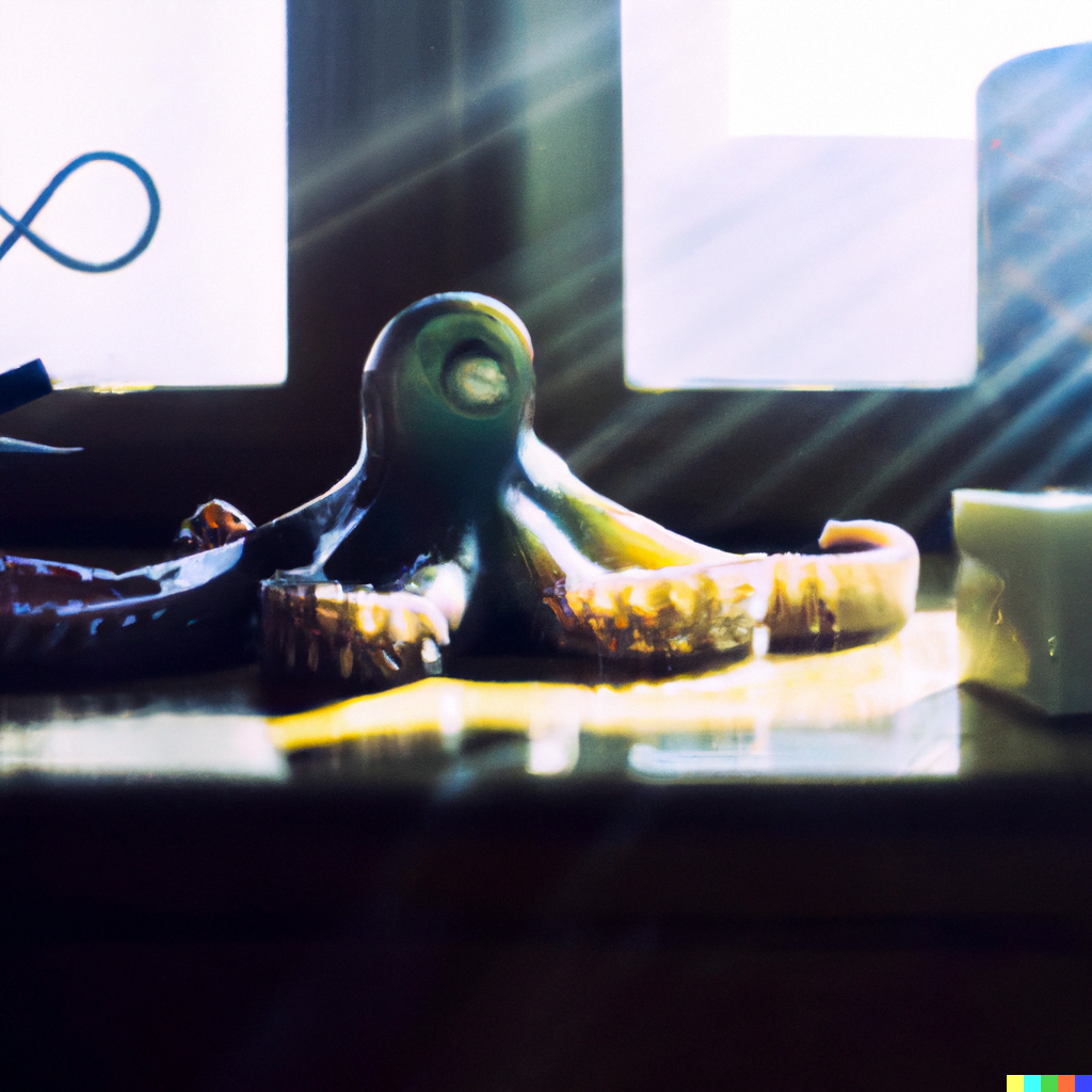 DALL·E 2022-07-18 00.09.55 – slimy Cthulhu monster with glowing eyes and tentacles sitting on a table with a sun beam casting through the window still life 35mm photograph