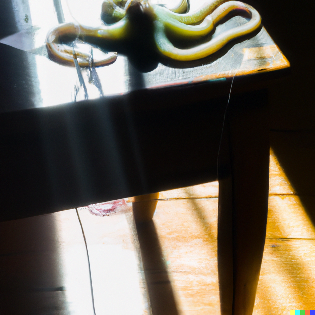 DALL·E 2022-07-18 00.10.01 – slimy Cthulhu monster with glowing eyes and tentacles sitting on a table with a sun beam casting through the window still life 35mm photograph