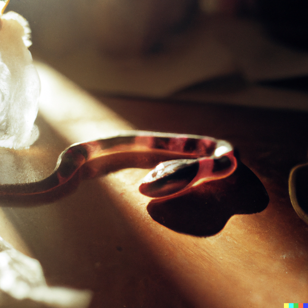 DALL·E 2022-07-18 00.11.13 – slimy slithering magical serpent with glowing eyes sitting on a table with a sun beam casting through the window still life 35mm photograph