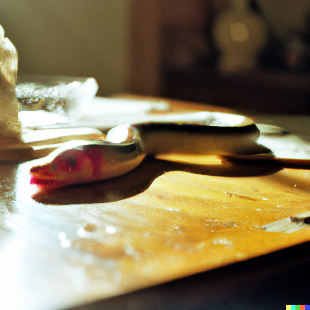 DALL·E 2022-07-18 00.11.17 – slimy slithering magical serpent with glowing eyes sitting on a table with a sun beam casting through the window still life 35mm photograph