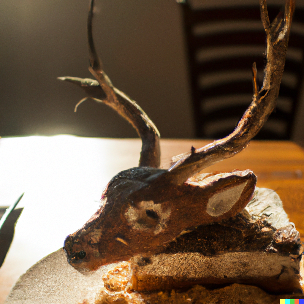 DALL·E 2022-07-18 00.13.12 – dissecting a realistic deer head cake sitting on a table with a sun beam casting through the window still life 35mm photograph