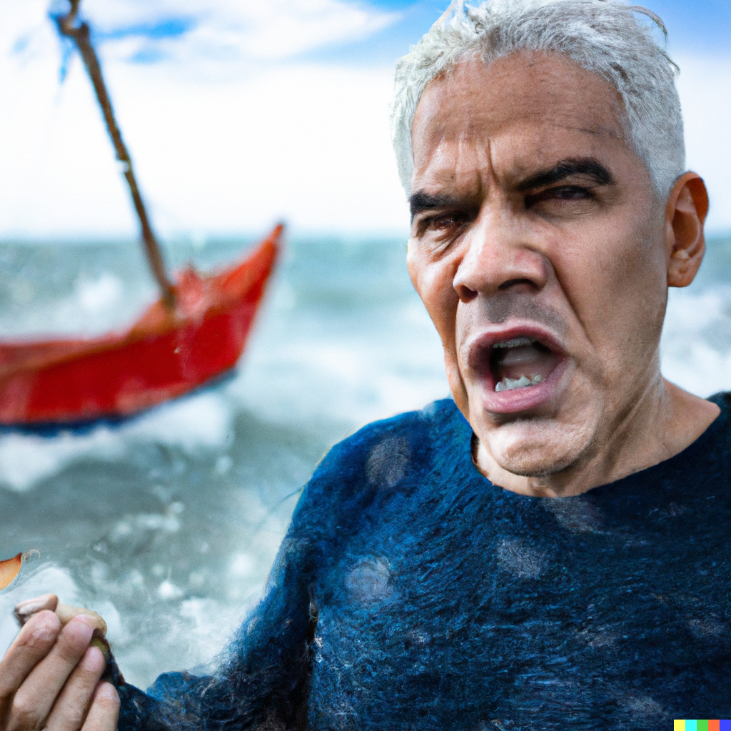 DALL·E 2022-07-19 12.41.53 – an old fisherman with gray hair a scorched face and a giant scar running down his face and torso, evil personified, he is on a boat in a storm attempt