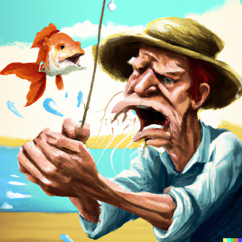 DALL·E 2022-07-19 12.43.09 – a digital painting of an angry fisherman reeling in a goldfish cracker