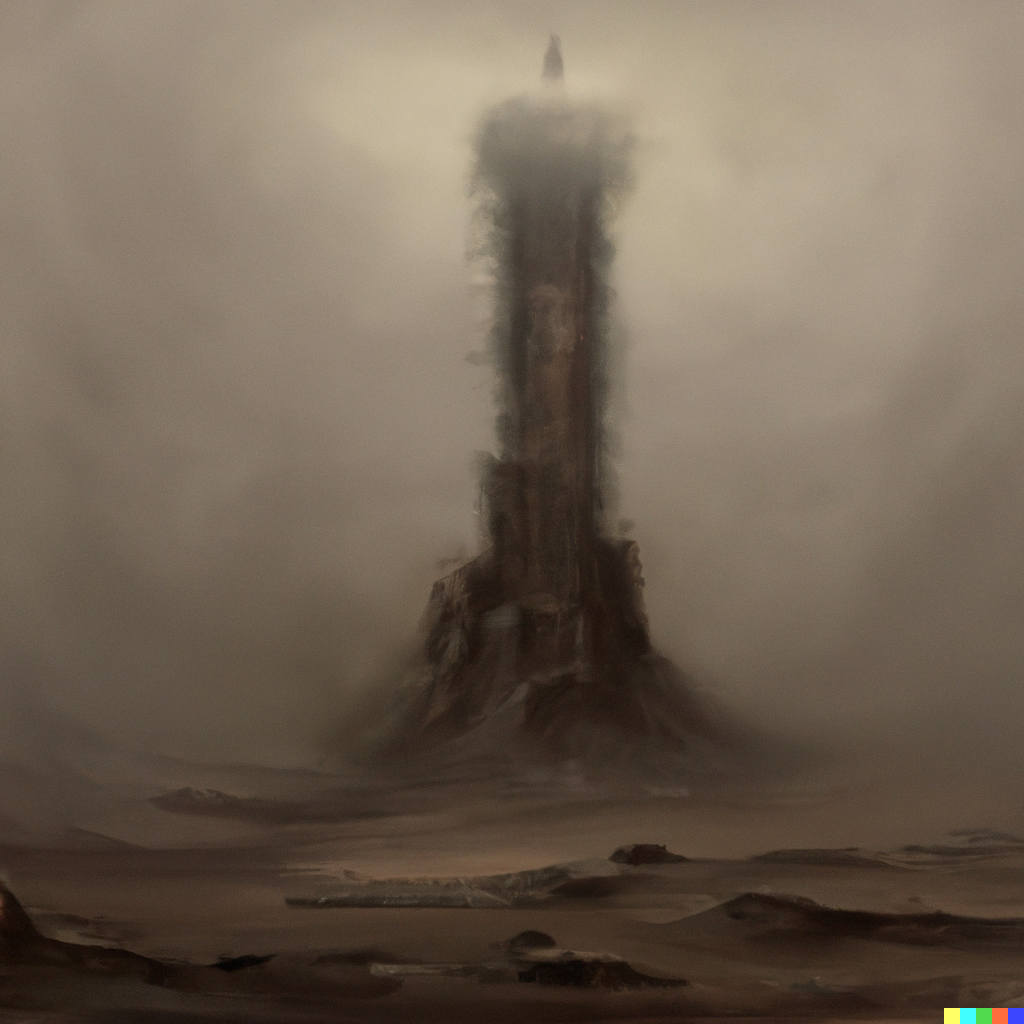 DALL·E 2022-07-20 21.36.50 – a single ruined tower in a foggy desolate desert by Zdzisław Beksiński