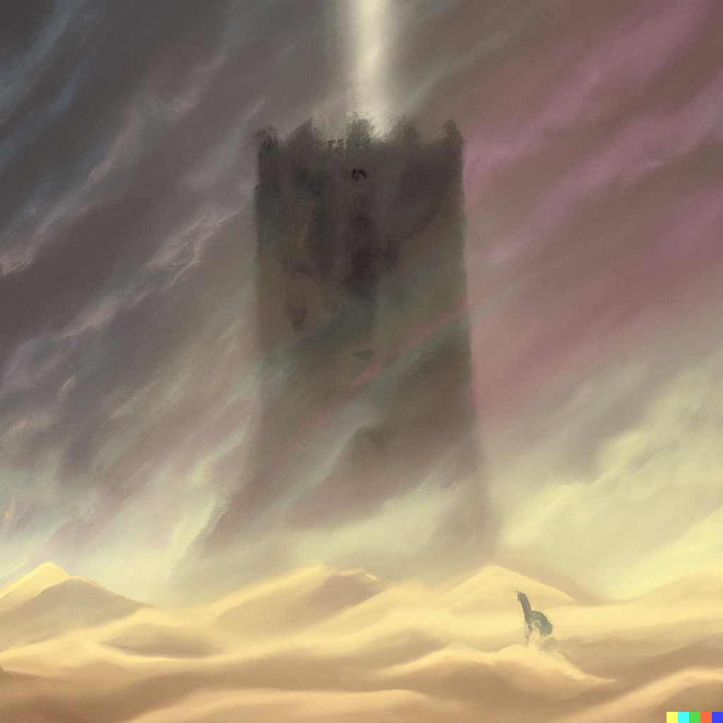 DALL·E 2022-07-20 21.37.55 – a single ruined tower in a foggy desolate desert by Zdzisław Beksiński and lisa frank