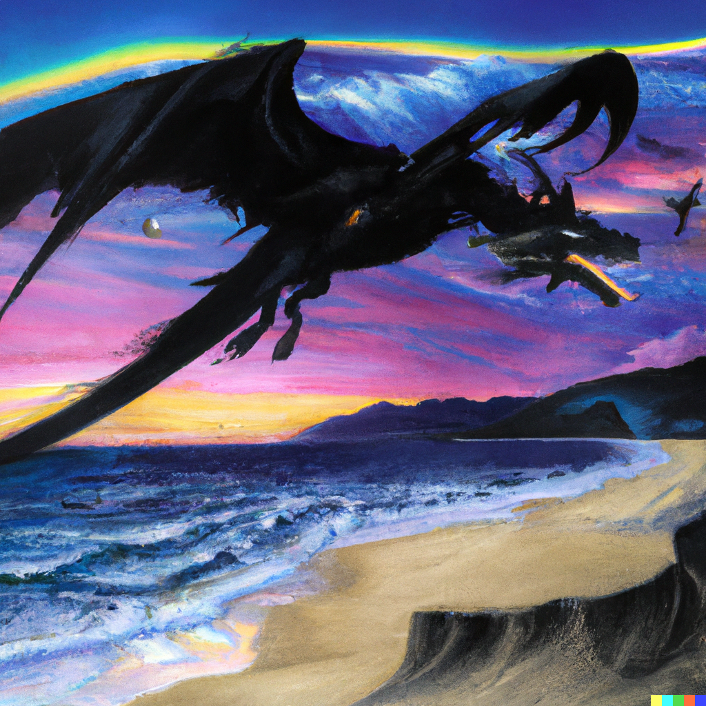 DALL·E 2022-07-20 21.38.33 – a magical black dragon soaring over a beach by Zdzisław Beksiński and lisa frank