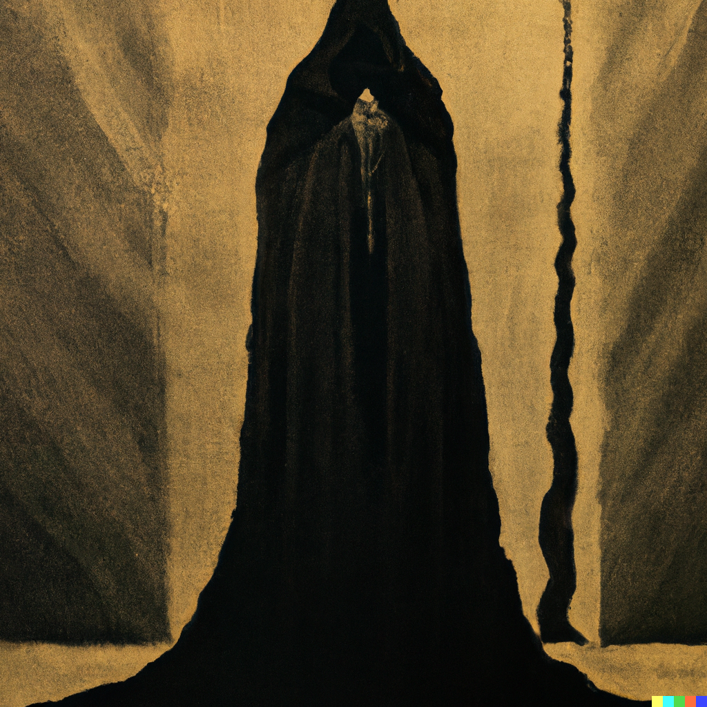 DALL·E 2022-07-24 04.46.38 – a priest of shadow wrapped in a cloak of shadows by Zdzisław Beksiński
