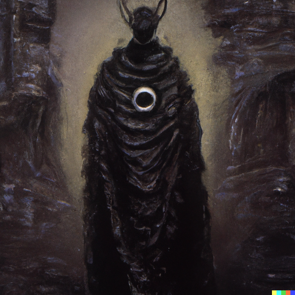 DALL·E 2022-07-24 04.46.45 – a priest of shadow wrapped in a cloak of shadows by Zdzisław Beksiński