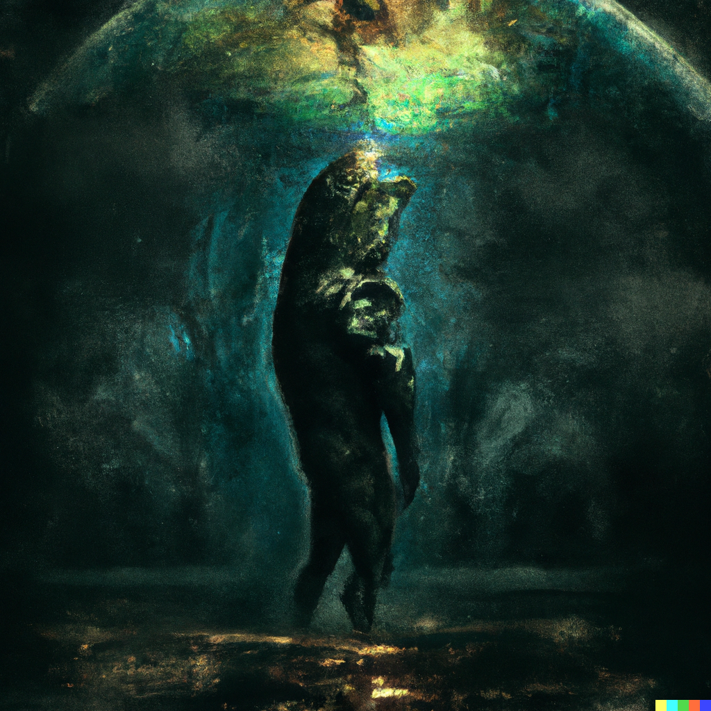 DALL·E 2022-07-24 19.21.47 – lovecraftian galactic size god monster emerging from the shadows of a planet to devour earth beautiful digital illustration by Zdzislaw Beksinski