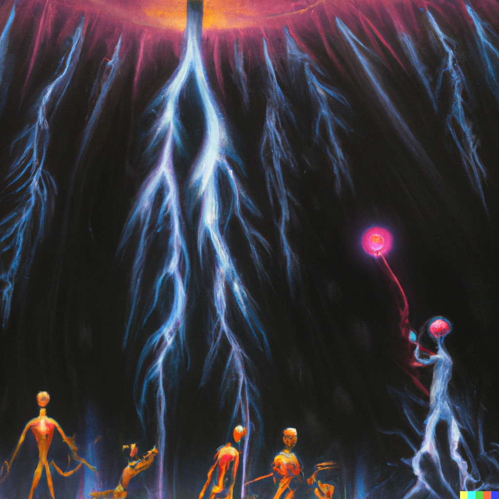 DALL·E 2022-07-24 20.45.47 – electric plasma rain falling on invisible people with illuminated nervous systems by Wayne Barlowe concept art