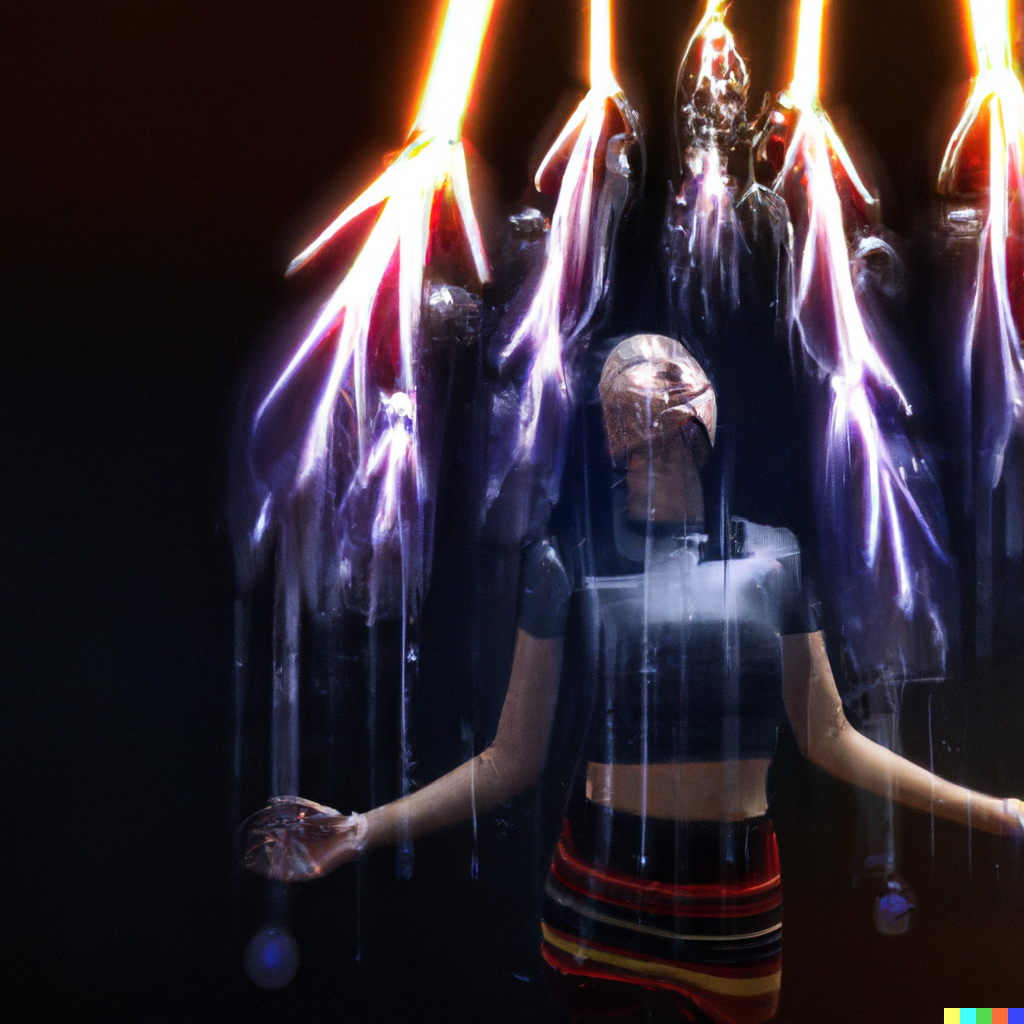 DALL·E 2022-07-24 20.45.54 – electric plasma rain falling on invisible people with illuminated nervous systems by Wayne Barlowe concept art