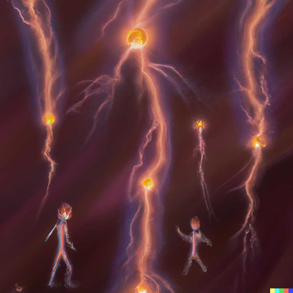 DALL·E 2022-07-24 20.46.00 – electric plasma rain falling on invisible people with illuminated nervous systems by Wayne Barlowe concept art