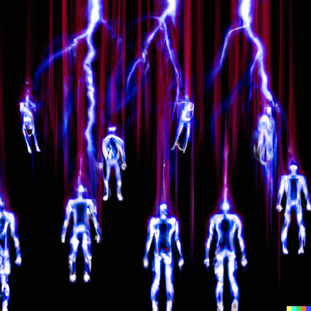 DALL·E 2022-07-24 20.49.51 – electric plasma rain falling on invisible people with illuminated nervous systems by Wojciech-Siudmak