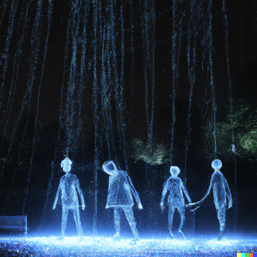 DALL·E 2022-07-24 20.50.47 – glowing rain falling on invisible people with illuminated nervous systems by Wojciech Siudmak and studio ghibli