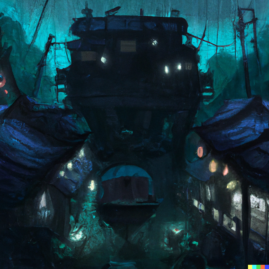 DALL·E 2022-07-24 20.51.38 – -a-small-forgotten-japanese-cyberpunk-village-in-the-style-of-studio-ghibli-and-bladerunner and gustave dore