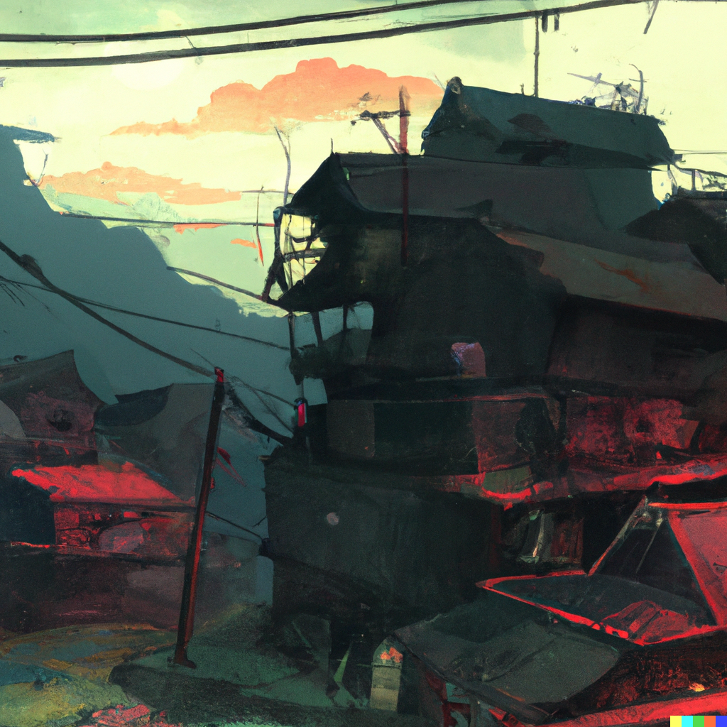 DALL·E 2022-07-24 20.51.42 – -a-small-forgotten-japanese-cyberpunk-village-in-the-style-of-studio-ghibli-and-bladerunner and gustave dore