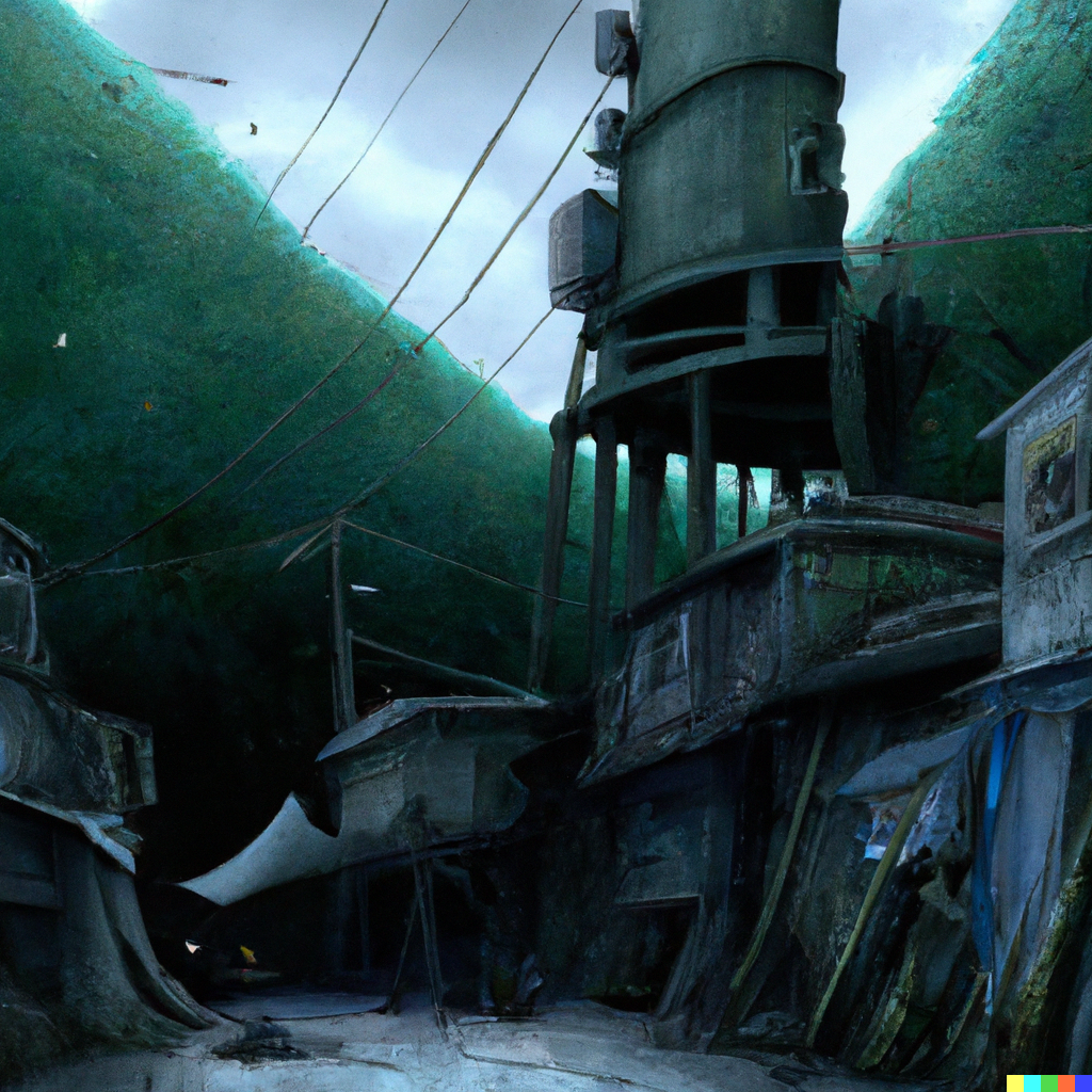 DALL·E 2022-07-24 20.51.48 – -a-small-forgotten-japanese-cyberpunk-village-in-the-style-of-studio-ghibli-and-bladerunner and gustave dore