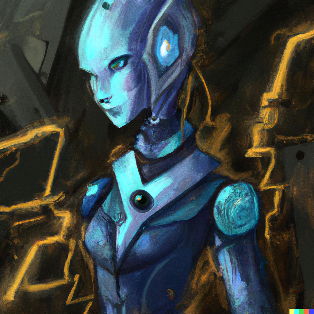 DALL·E 2022-07-24 20.52.57 – ghost in the shell cyberpunk cyborg human in-the-style-of-studio-ghibli-and-bladerunner and gustave dore