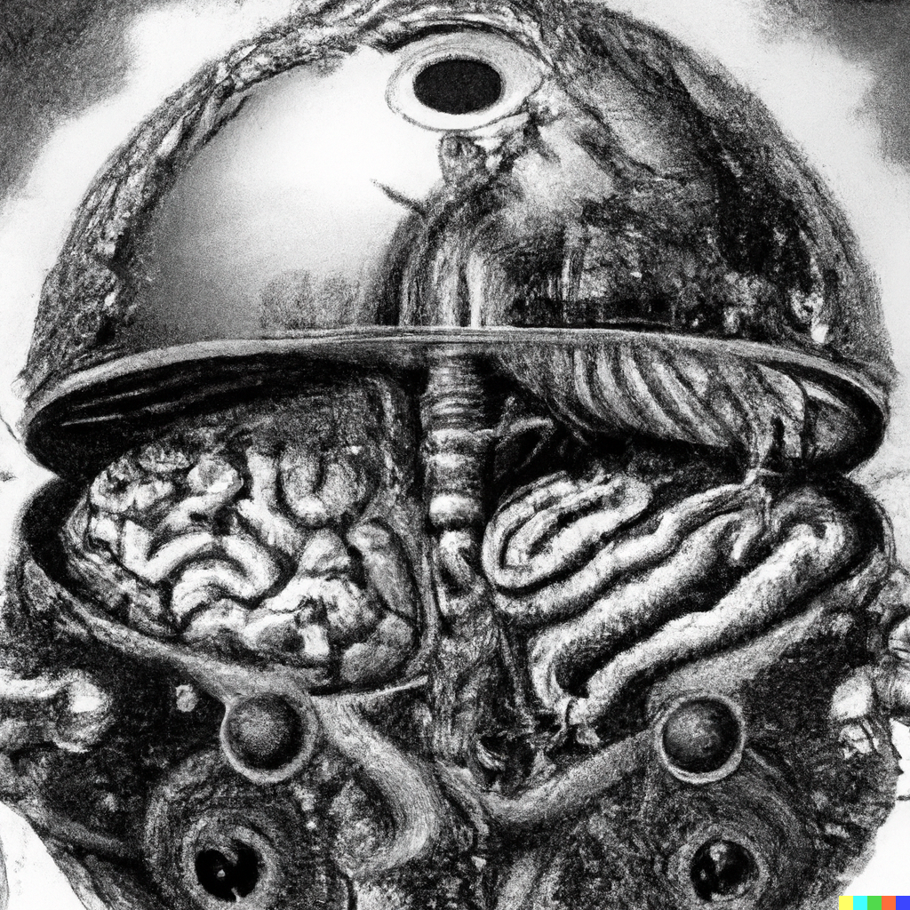 DALL·E 2022-07-24 20.54.06 – a cyborg brain steampunk by gustave dore and Zdzislaw-Beksinski