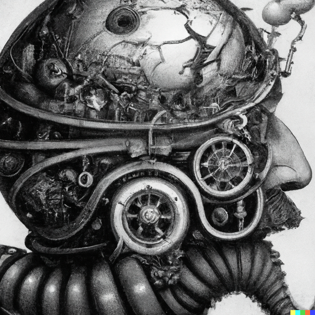 DALL·E 2022-07-24 20.54.10 – a cyborg brain steampunk by gustave dore and Zdzislaw-Beksinski