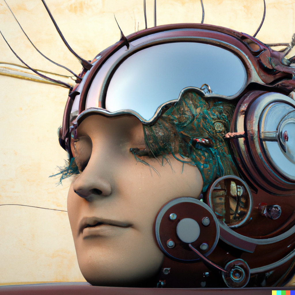 DALL·E 2022-07-24 20.54.52 – a cyborg brain steampunk by gustave dore and Zdzislaw-Beksinski and studio ghibli render a thought