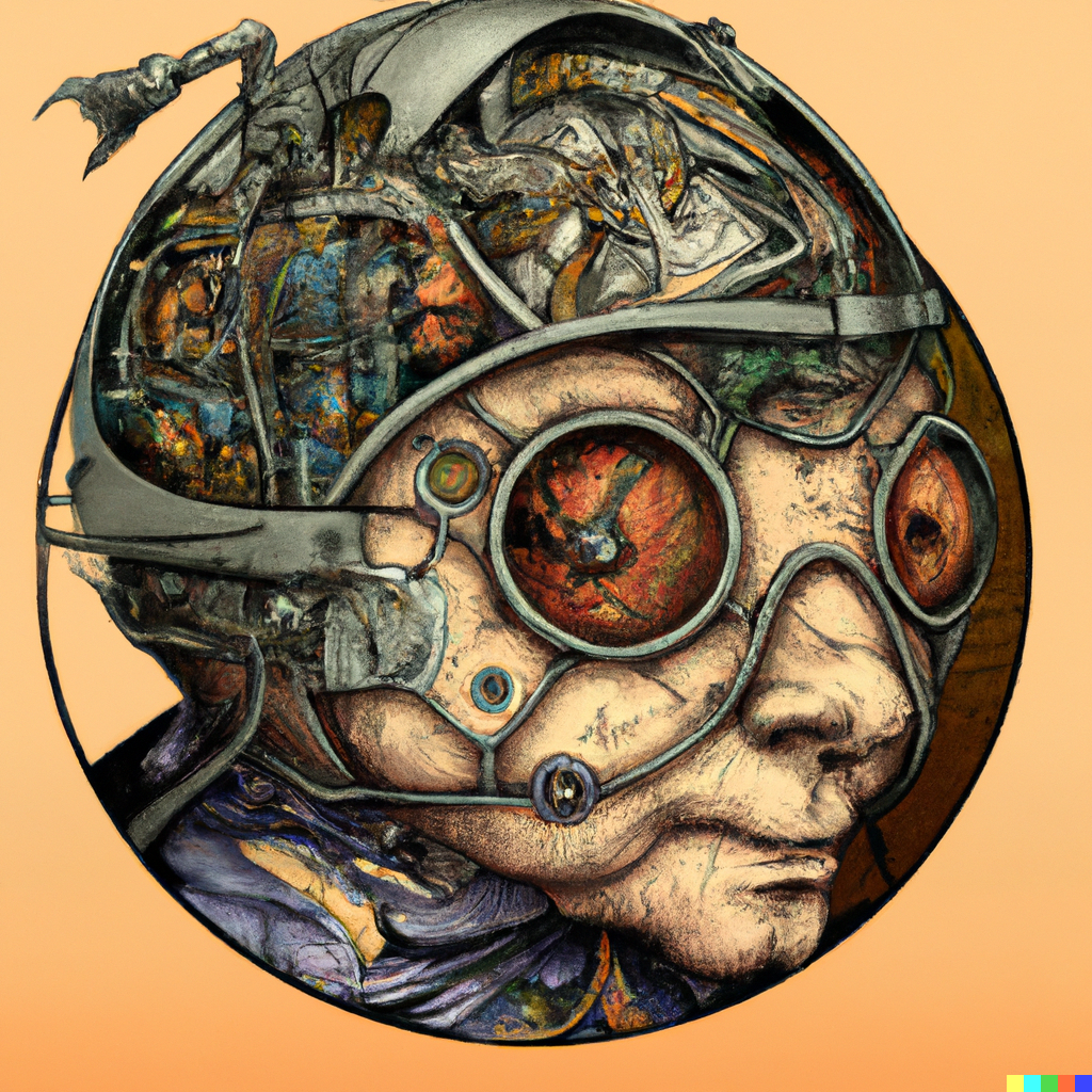 DALL·E 2022-07-24 20.55.33 – a cyborg brain steampunk by gustave dore and Zdzislaw-Beksinski and studio ghibli