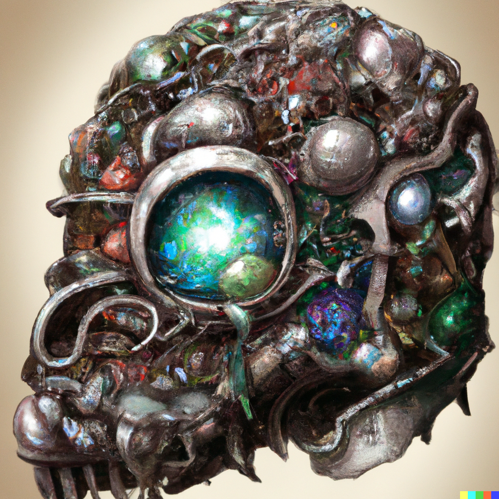 DALL·E 2022-07-24 20.56.10 – a cyborg brain made of gems steampunk by gustave dore and Zdzislaw-Beksinski and studio ghibli