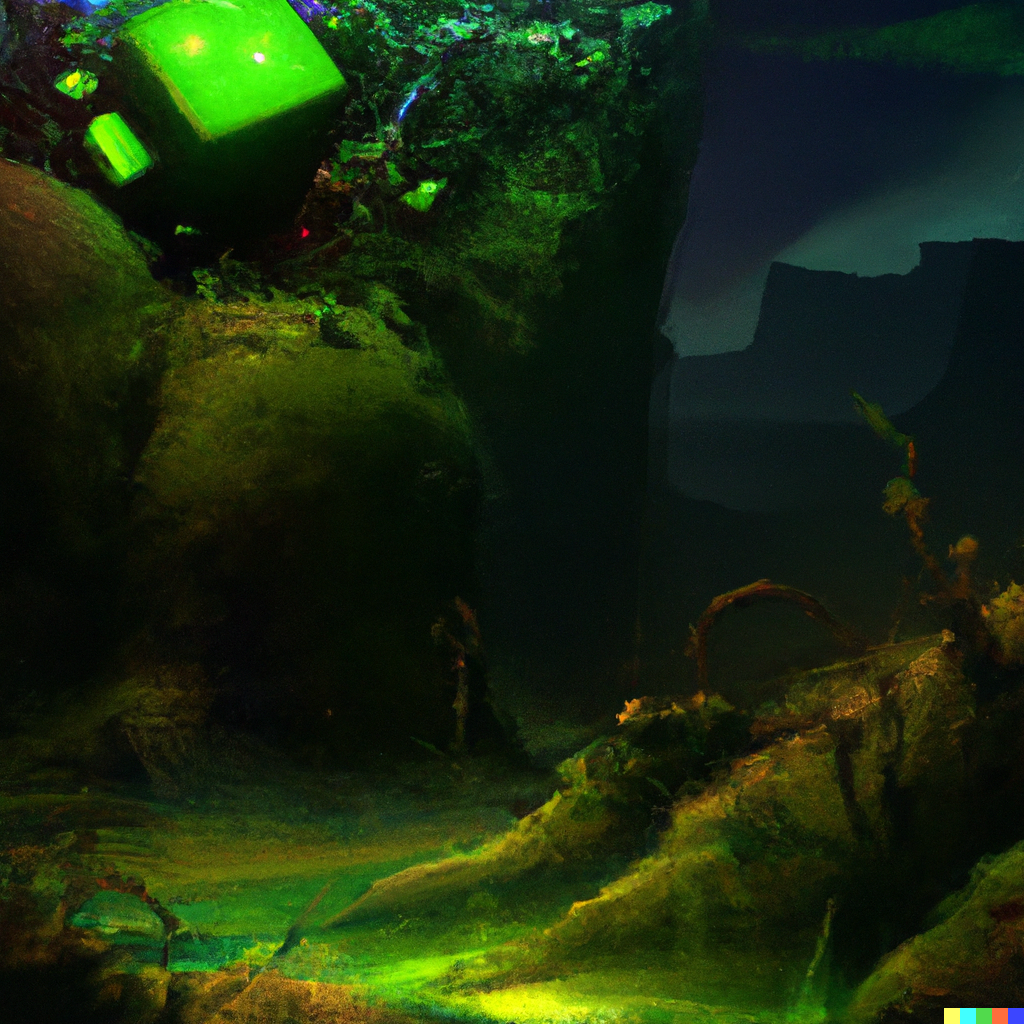 DALL·E 2022-08-04 22.32.03 – emerald rubiks cube in the green moonlit desert, surrealism, by Tyler Edlin and Jean Delville, by John Berkey and Filip Hodas, sci-fi concept art, Bee