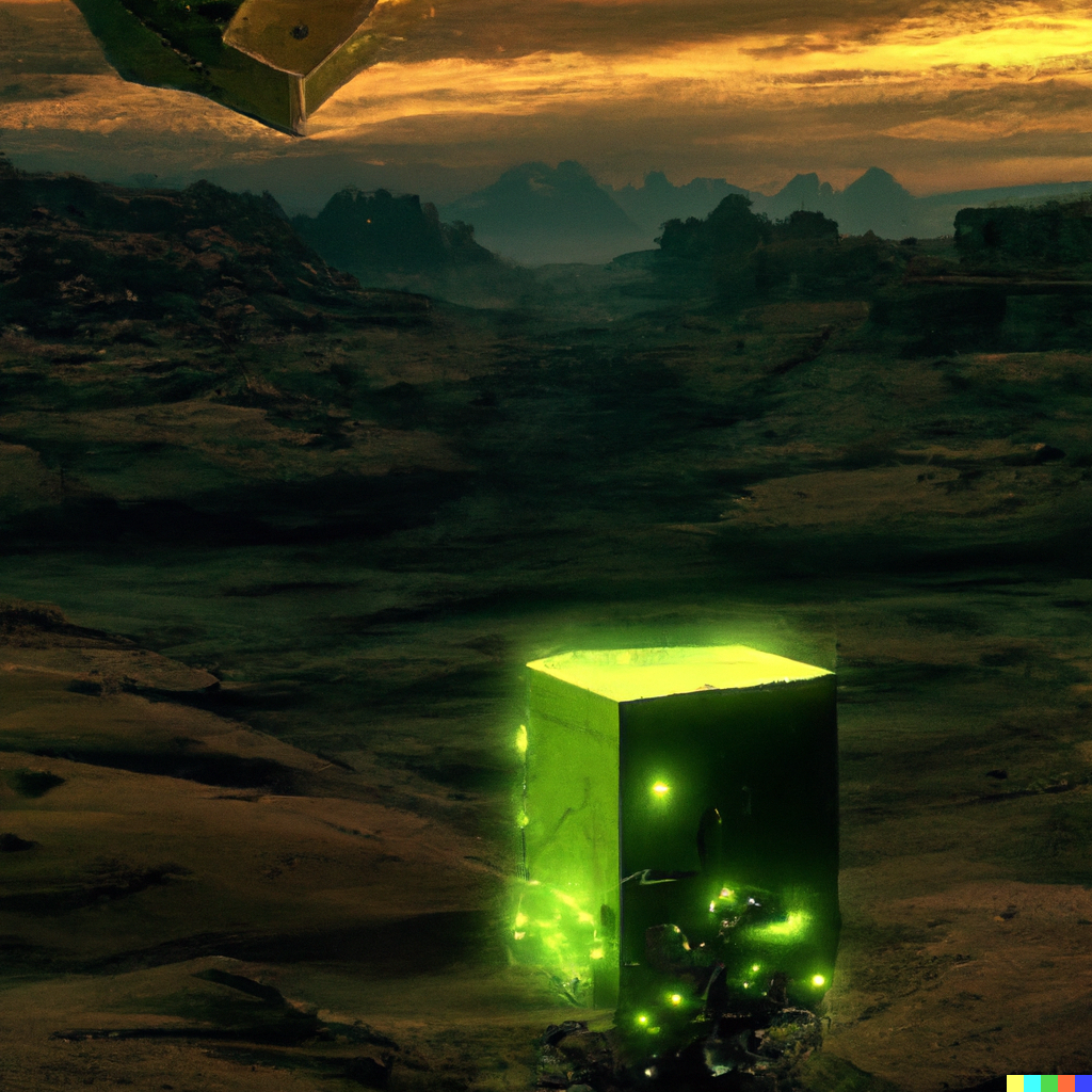 DALL·E 2022-08-04 22.32.13 – emerald rubiks cube in the green moonlit desert, surrealism, by Tyler Edlin and Jean Delville, by John Berkey and Filip Hodas, sci-fi concept art, Bee