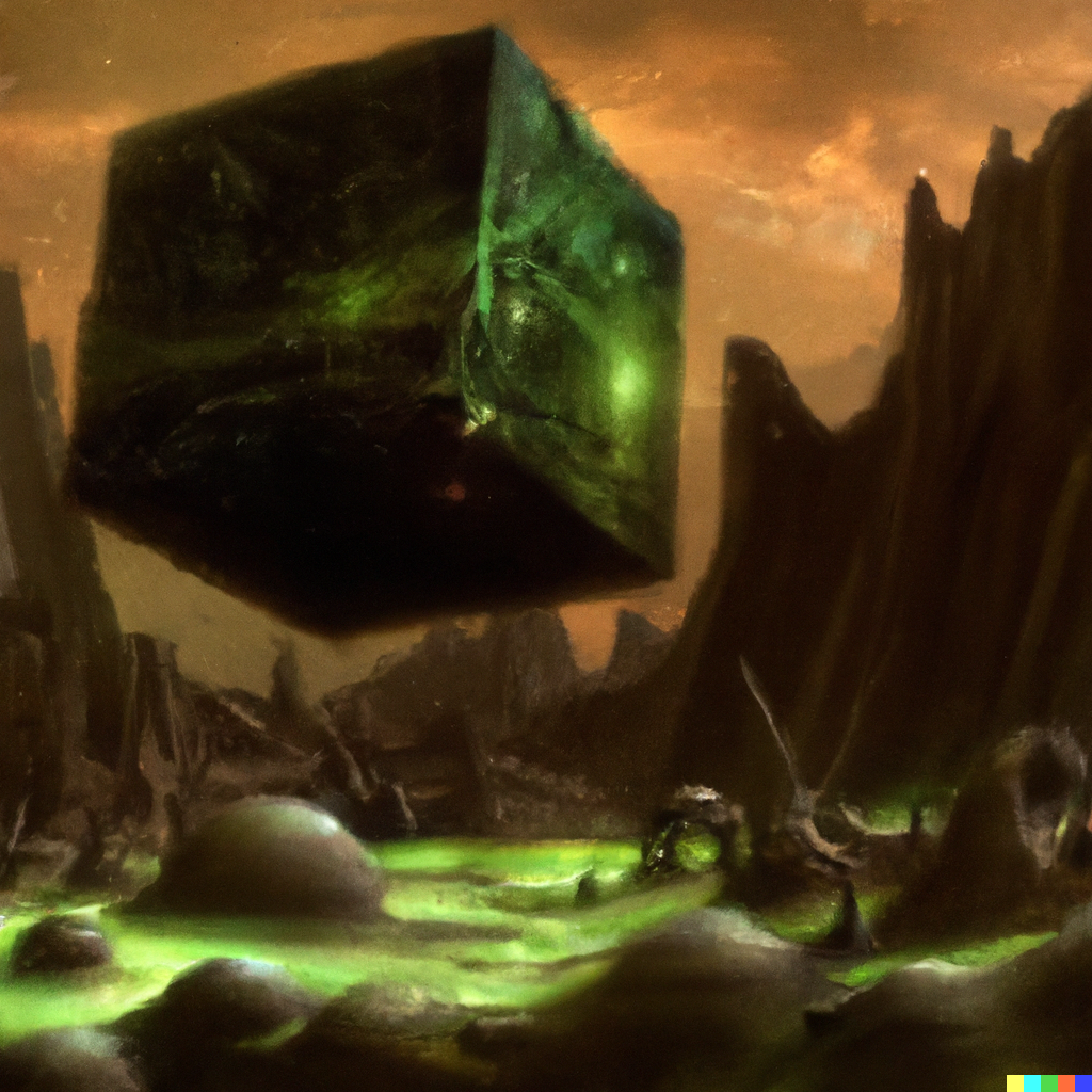 DALL·E 2022-08-04 22.32.19 – emerald rubiks cube in the green moonlit desert, surrealism, by Tyler Edlin and Jean Delville, by John Berkey and Filip Hodas, sci-fi concept art, Bee
