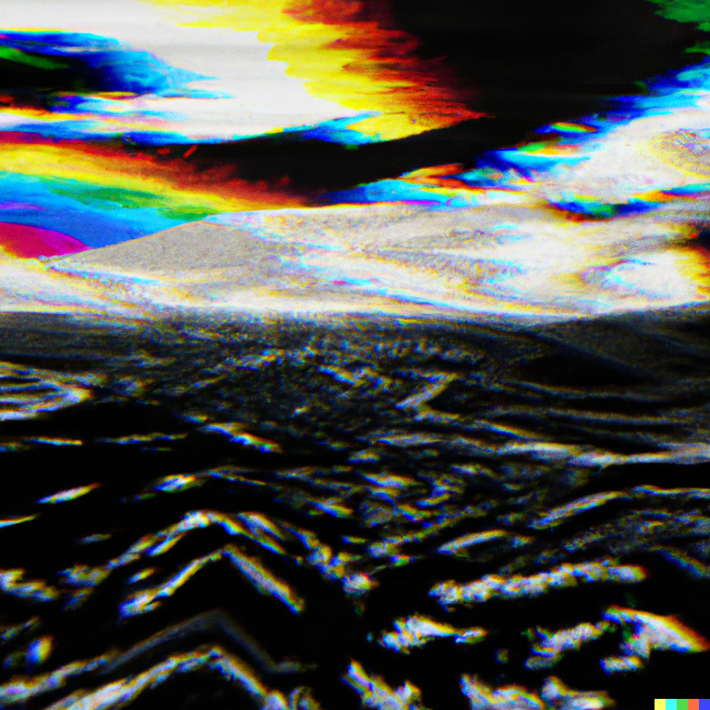 DALL·E 2022-08-04 22.32.36 – the horizon of a monochromatic alien landscape with a glitch art rainbow Rob Sheridan