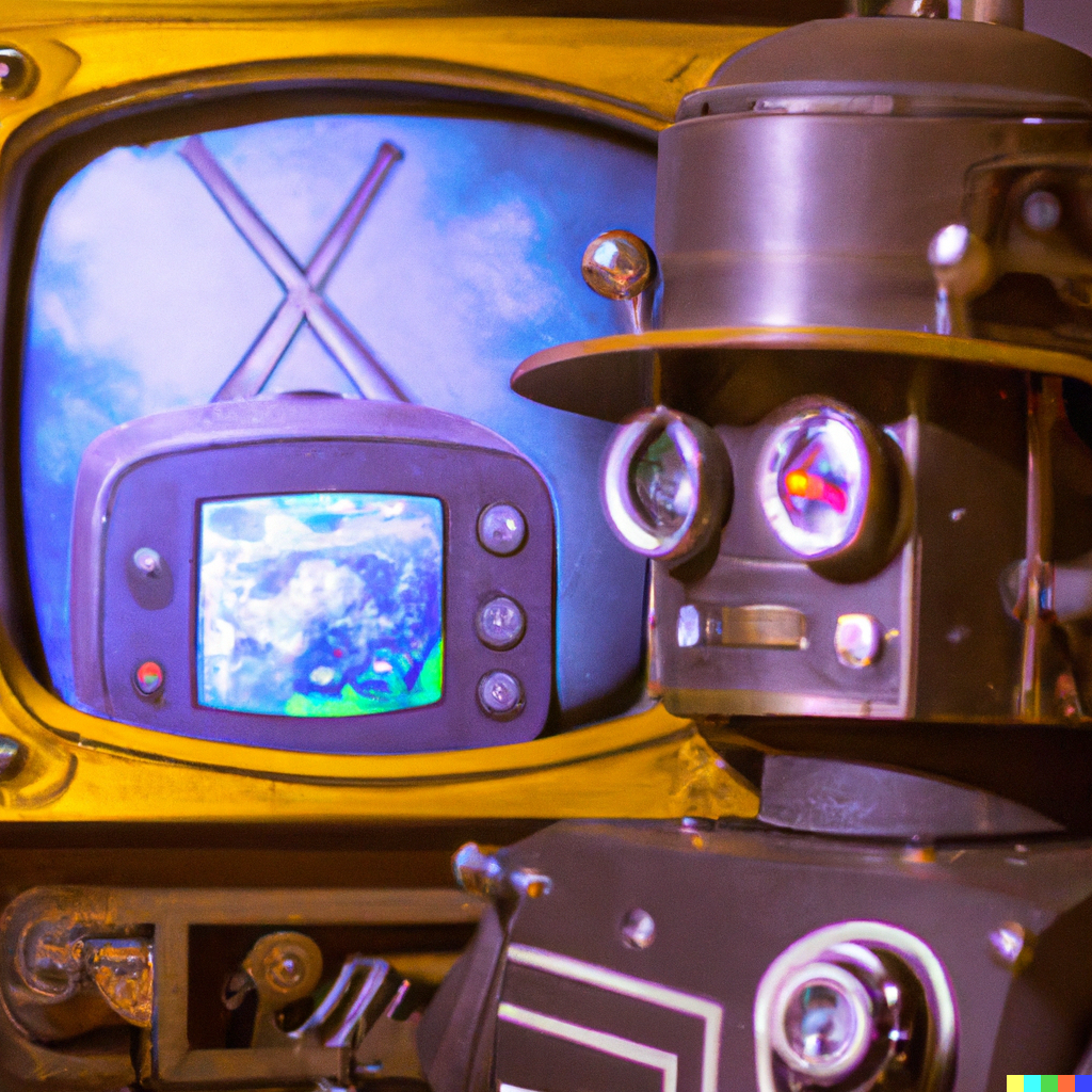 DALL·E 2022-08-04 22.35.00 – a steampunk robot with a crt tv for a face concept art studio ghibli