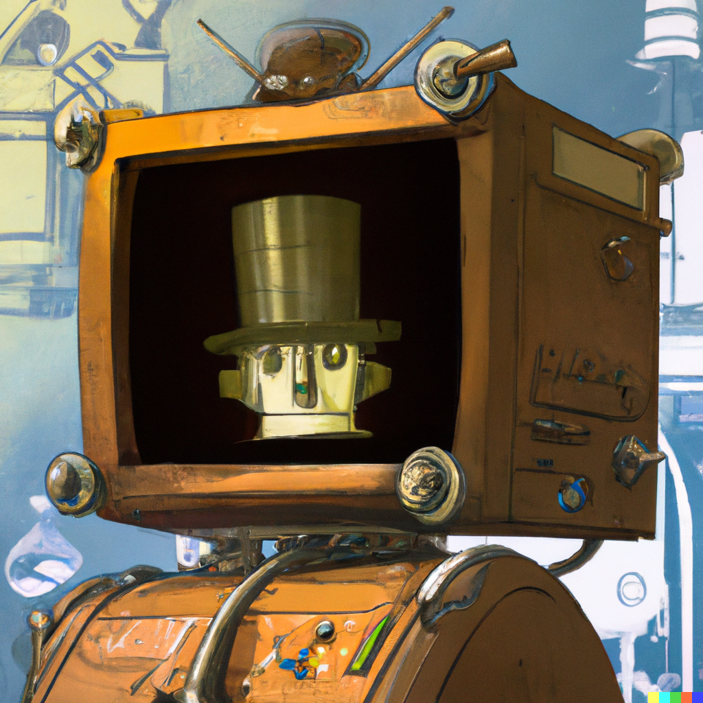 DALL·E 2022-08-04 22.35.04 – a steampunk robot with a crt tv for a face concept art studio ghibli
