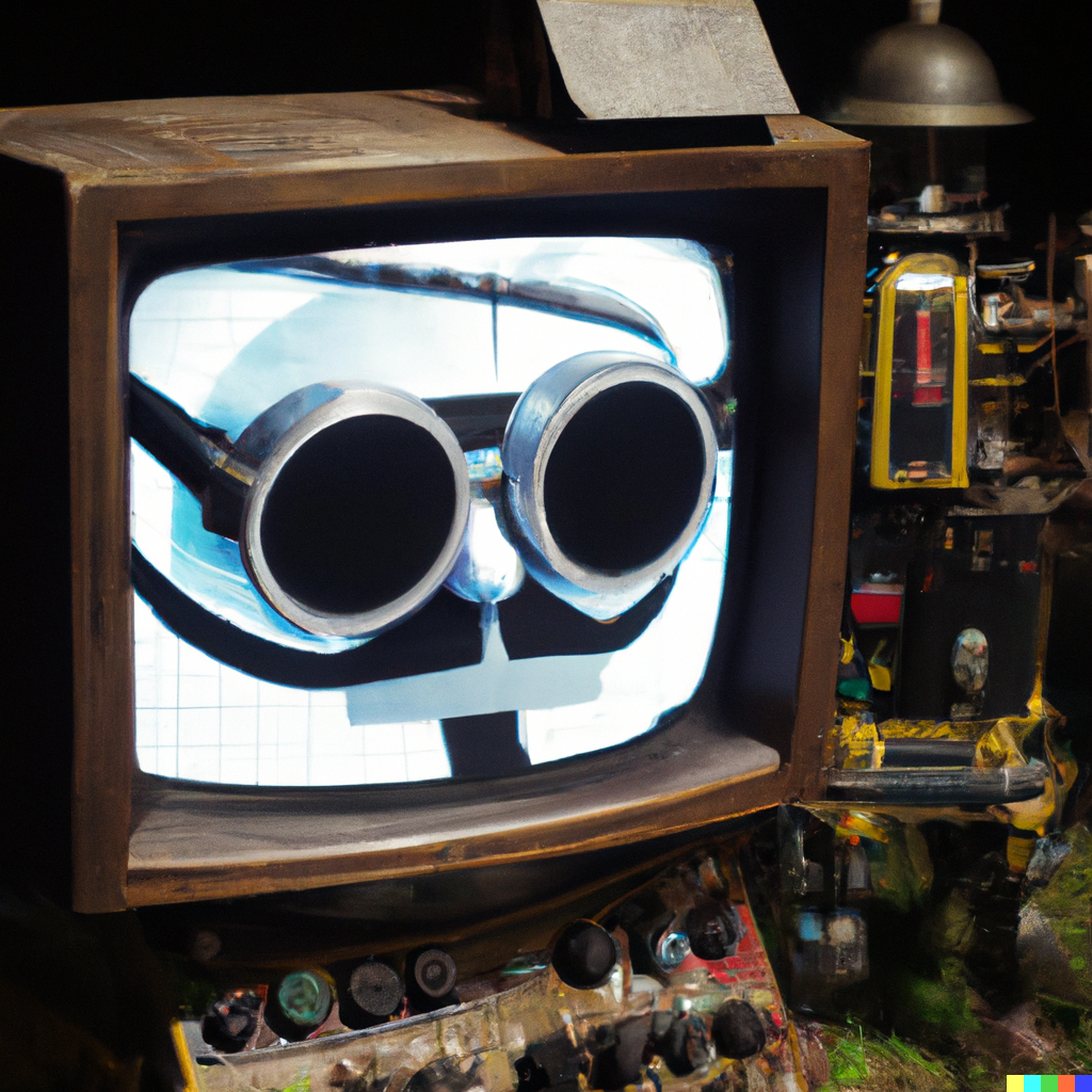 DALL·E 2022-08-04 22.35.07 – a steampunk robot with a crt tv for a face concept art studio ghibli