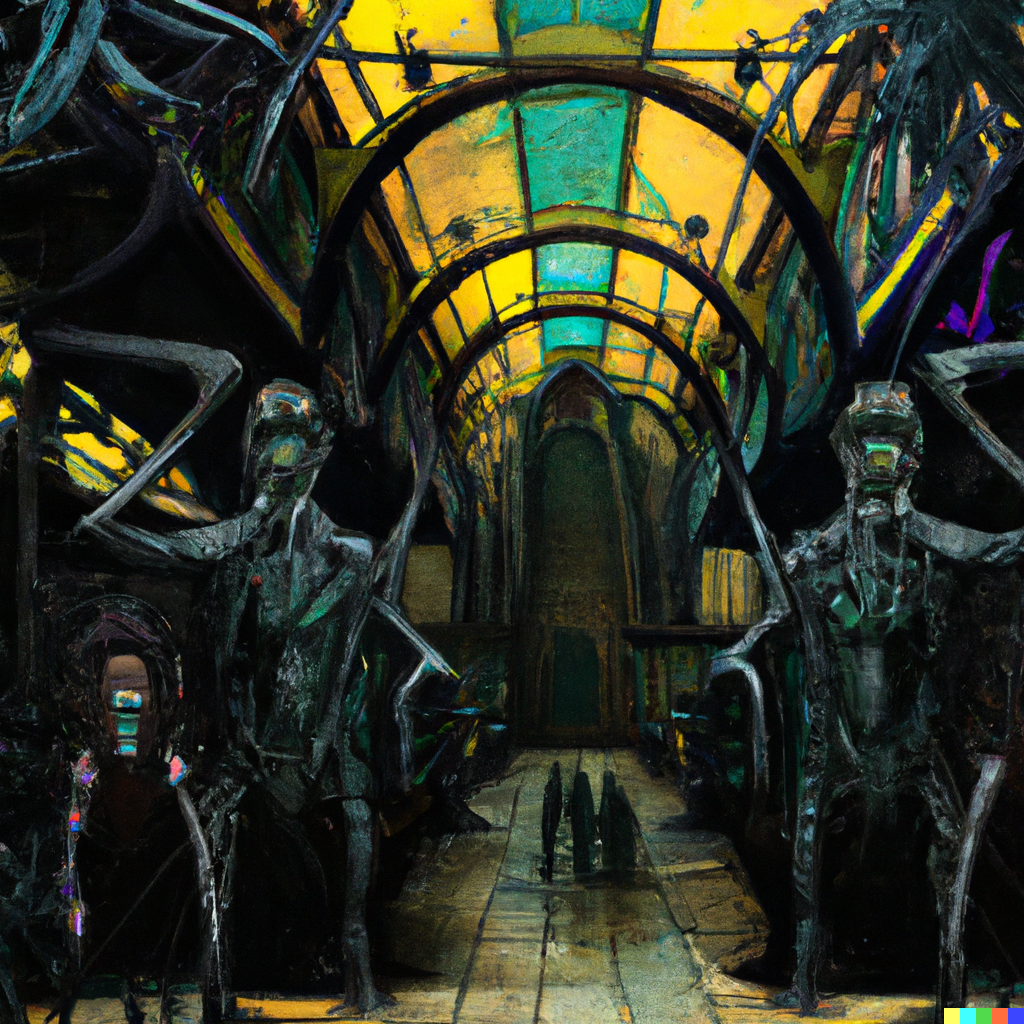 DALL·E 2022-08-04 22.35.22 – a gothic trainstation with colorful humanoid creatures Tony Sart and H.R. Giger