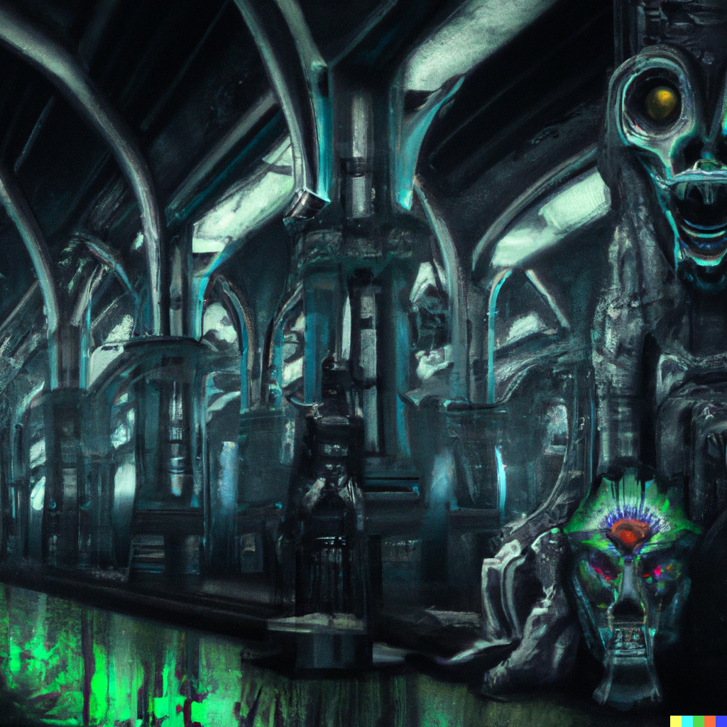 DALL·E 2022-08-04 22.35.25 – a gothic trainstation with colorful humanoid creatures Tony Sart and H.R. Giger