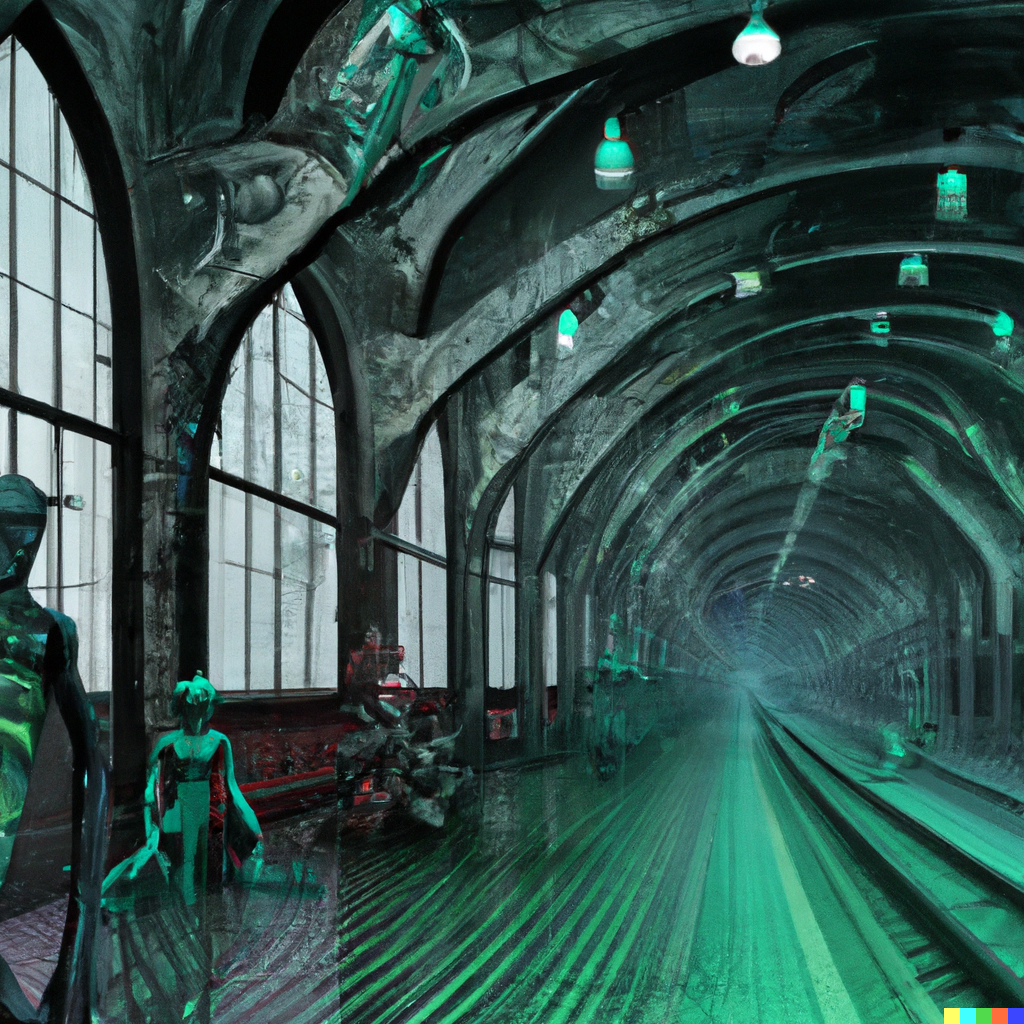 DALL·E 2022-08-04 22.35.29 – a gothic trainstation with colorful humanoid creatures Tony Sart and H.R. Giger