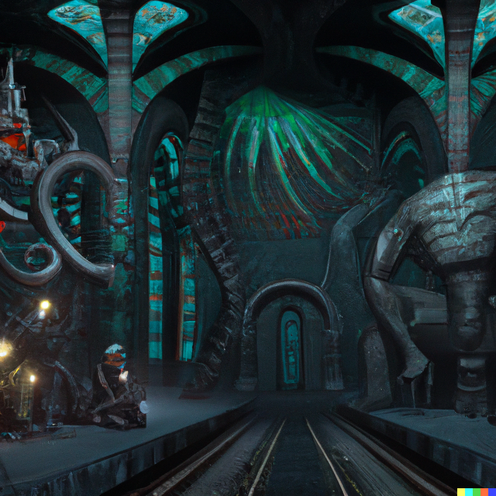 DALL·E 2022-08-04 22.35.34 – a gothic trainstation with colorful humanoid creatures Tony Sart and H.R. Giger