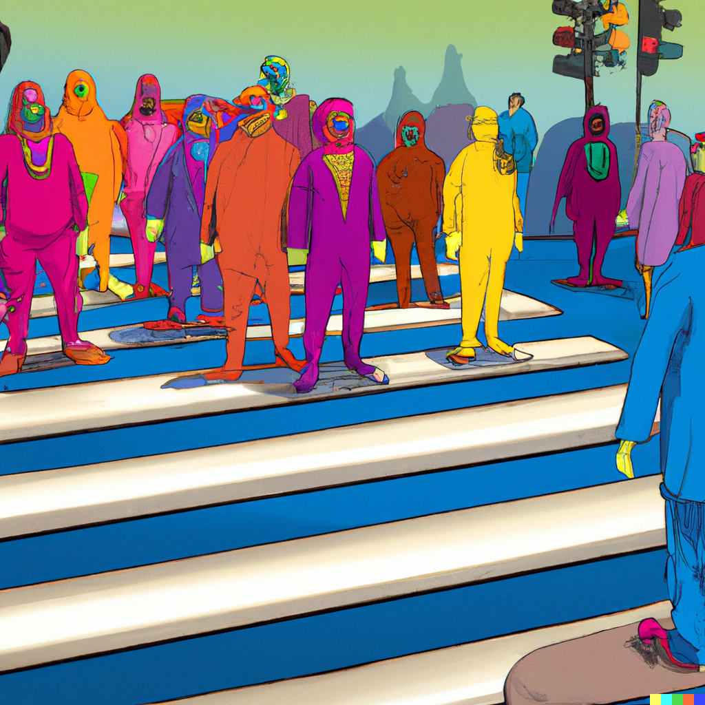 DALL·E 2022-08-04 22.35.46 – a busy crosswalk filled with colorful humanoid creatures Tony Sart felix kelly
