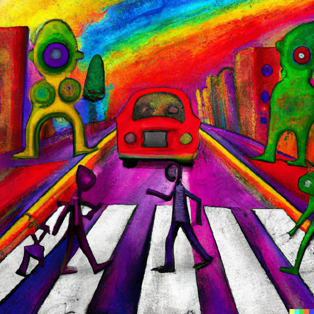 DALL·E 2022-08-04 22.35.48 – a busy crosswalk filled with colorful humanoid creatures Tony Sart felix kelly