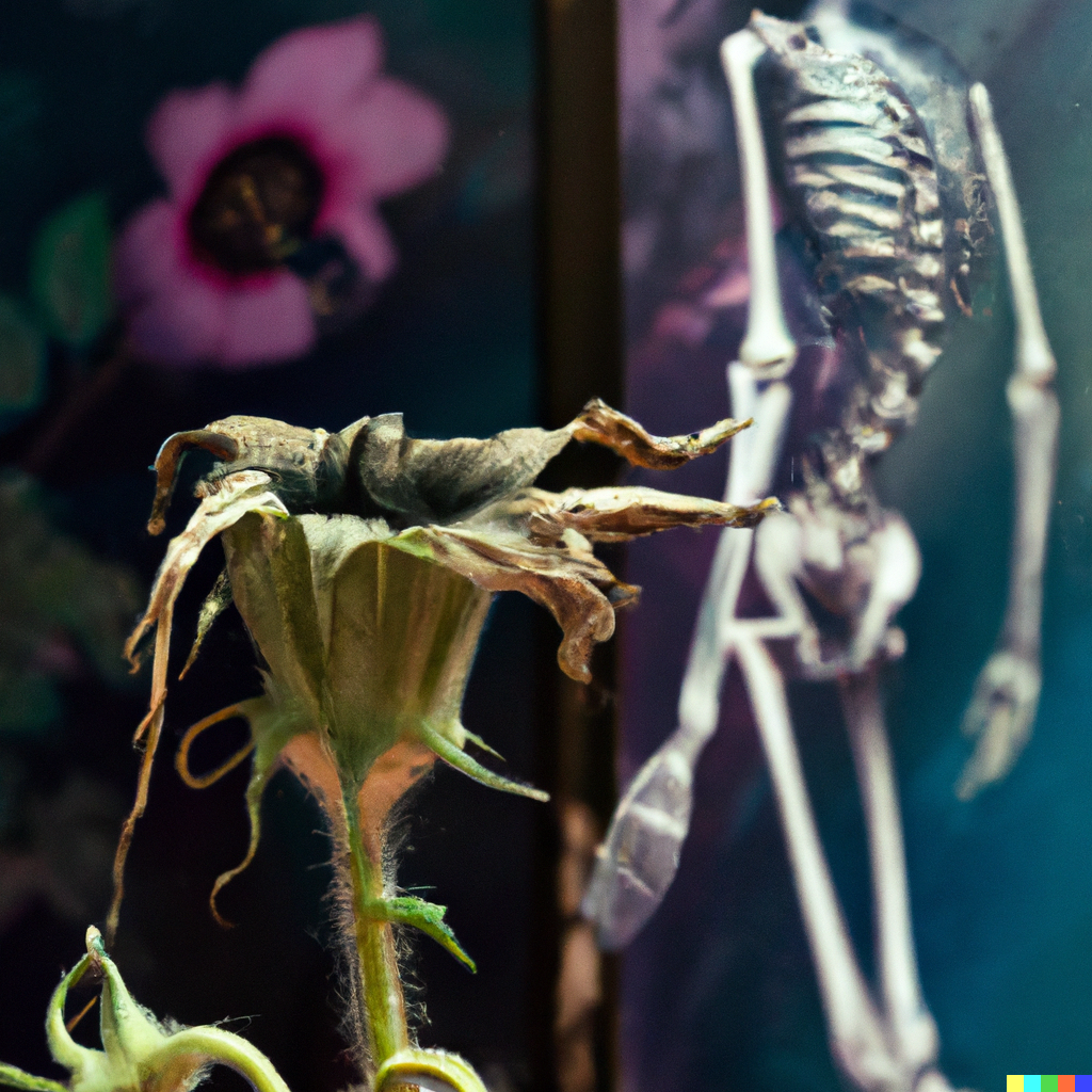 DALL·E 2022-08-04 22.36.00 – a decaying flower with a human skeleton Zdzislaw-Beksinski and studio ghibli