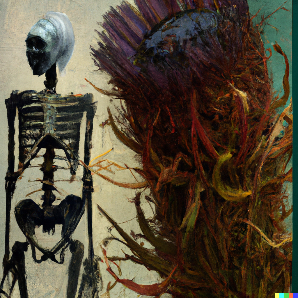DALL·E 2022-08-04 22.36.03 – a decaying flower with a human skeleton Zdzislaw-Beksinski and studio ghibli