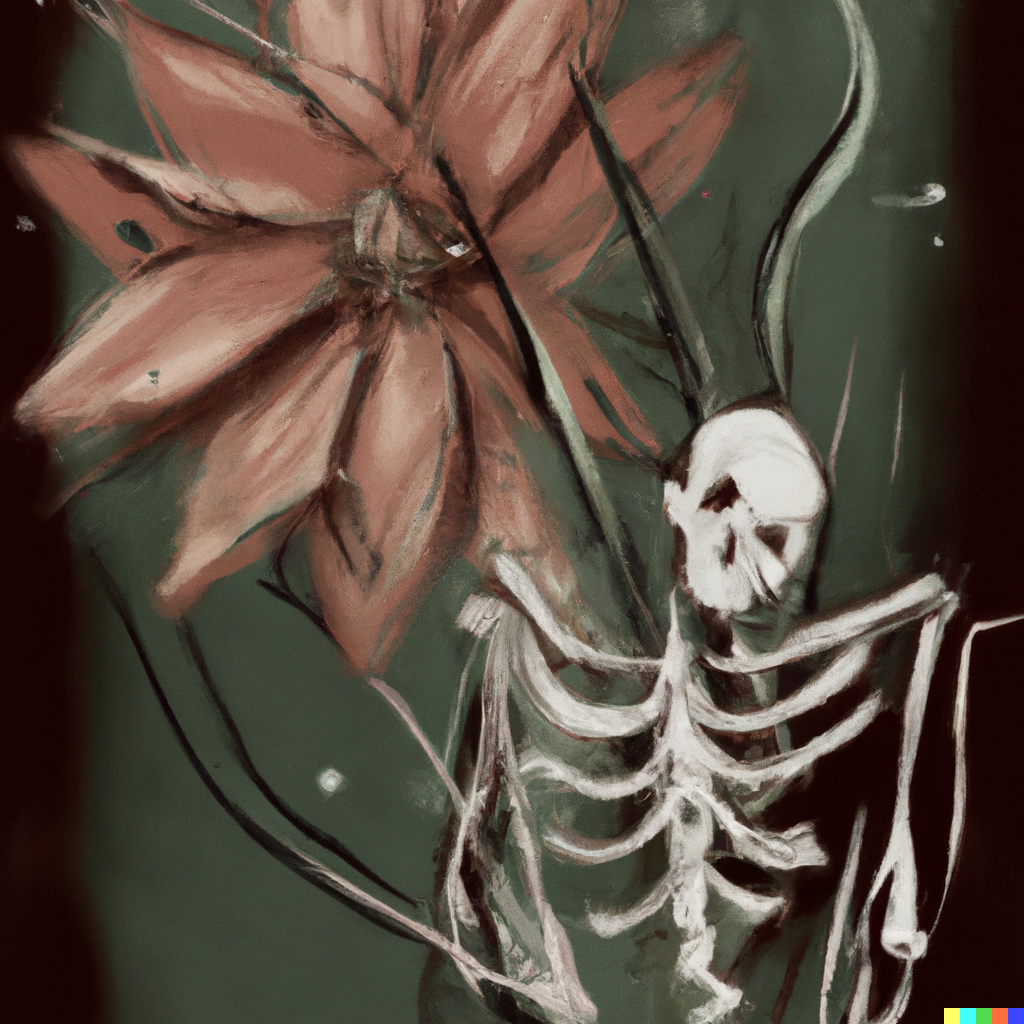 DALL·E 2022-08-04 22.36.15 – a decaying flower with a human skeleton Zdzislaw-Beksinski and studio ghibli