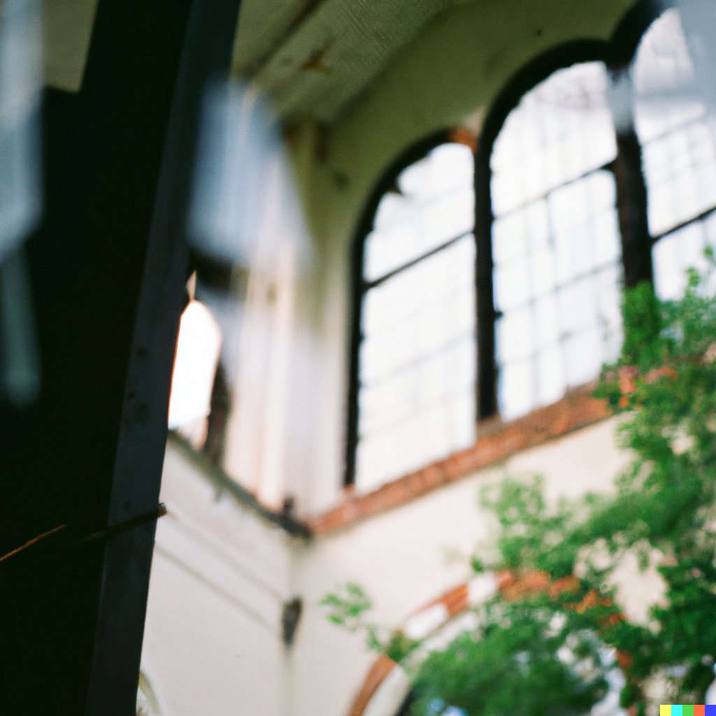 DALL·E 2022-08-10 22.07.21 – a 35mm photograph of a abandoned southern Baptist church with broken stained glass liminal space soft focus bokeh