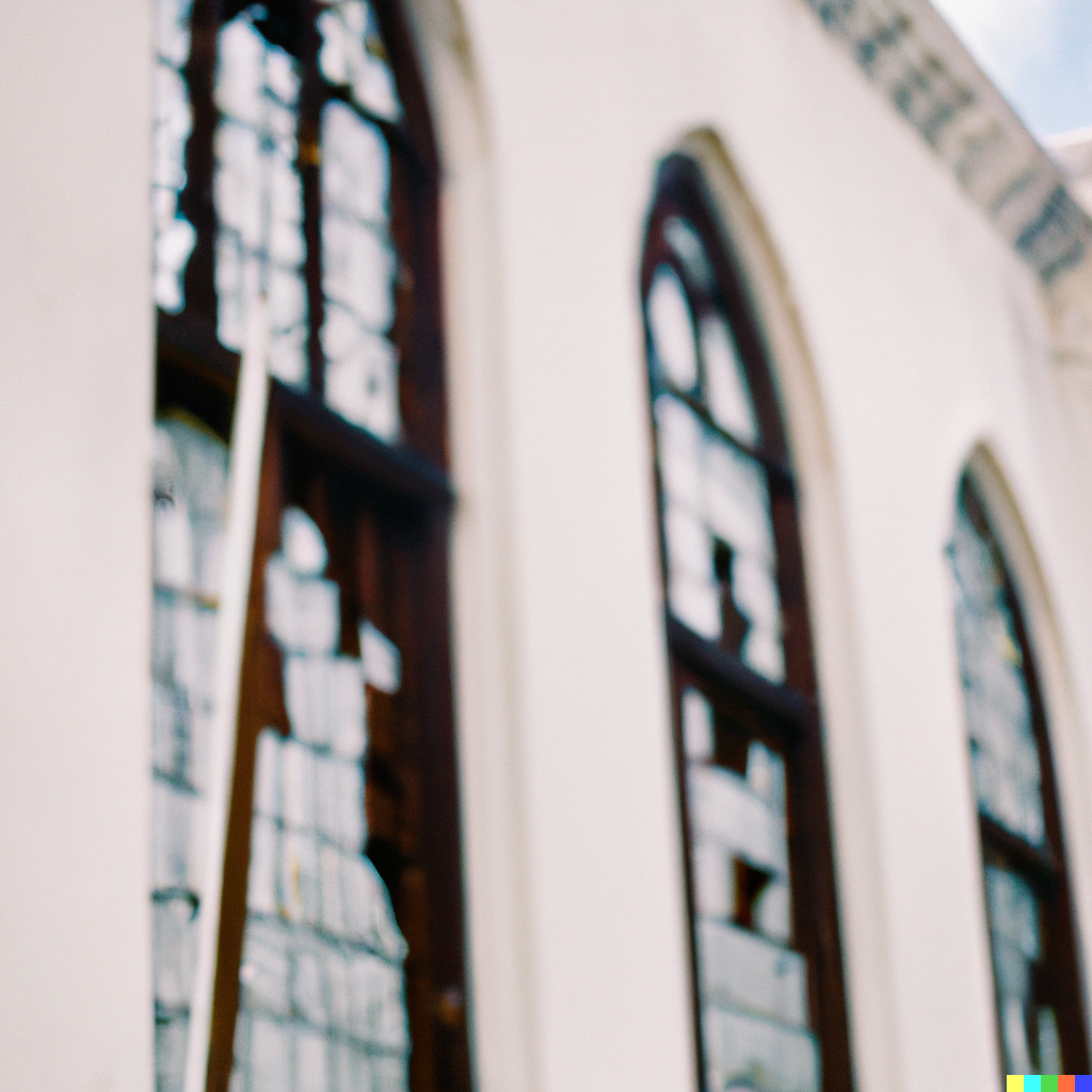 DALL·E 2022-08-10 22.07.24 – a 35mm photograph of a abandoned southern Baptist church with broken stained glass liminal space soft focus bokeh