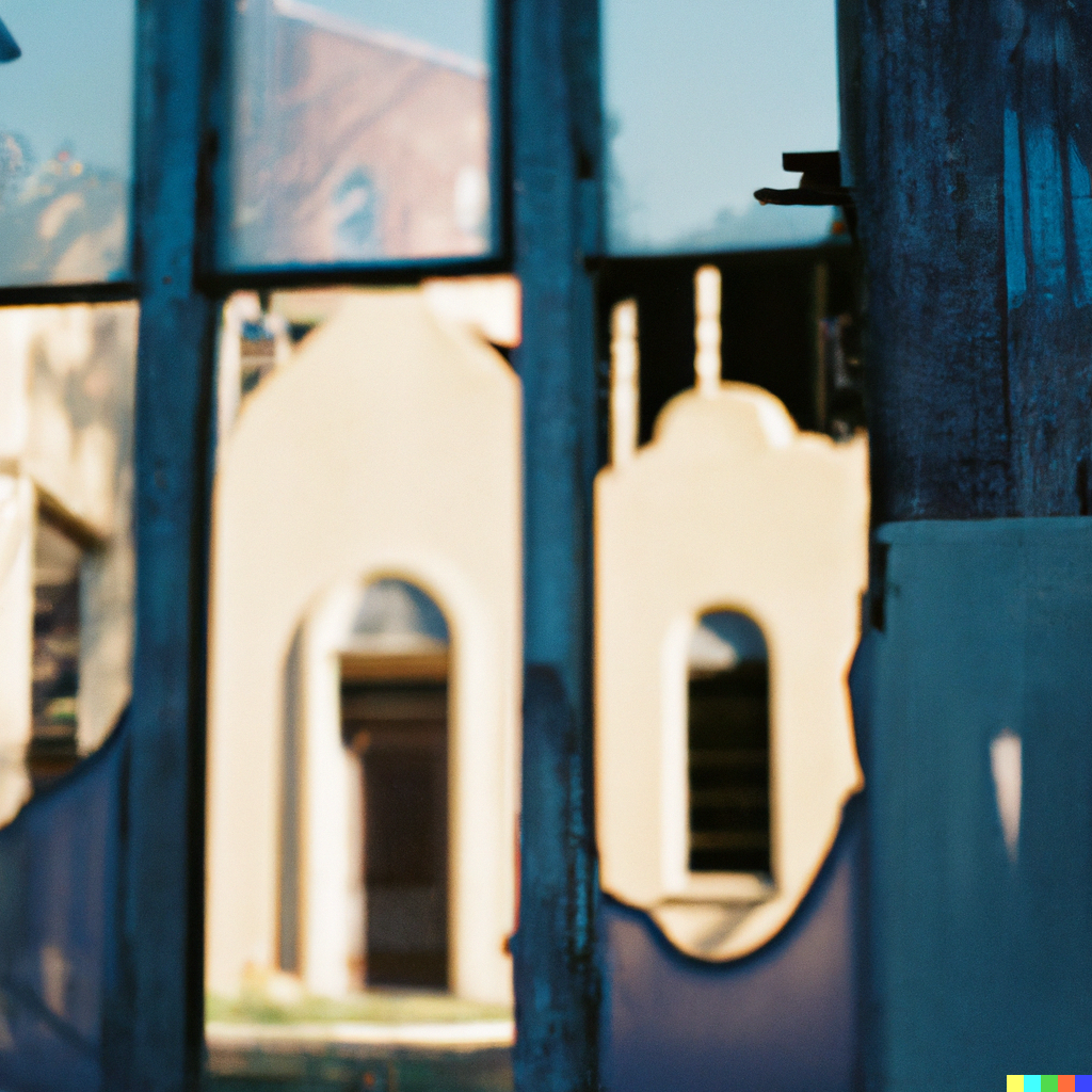 DALL·E 2022-08-10 22.07.26 – a 35mm photograph of a abandoned southern Baptist church with broken stained glass liminal space soft focus bokeh