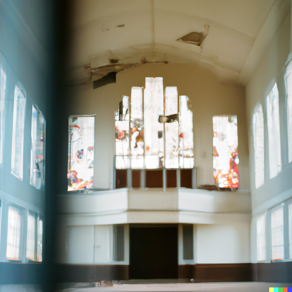DALL·E 2022-08-10 22.07.32 – a 35mm photograph of a abandoned southern Baptist church with broken stained glass liminal space soft focus bokeh