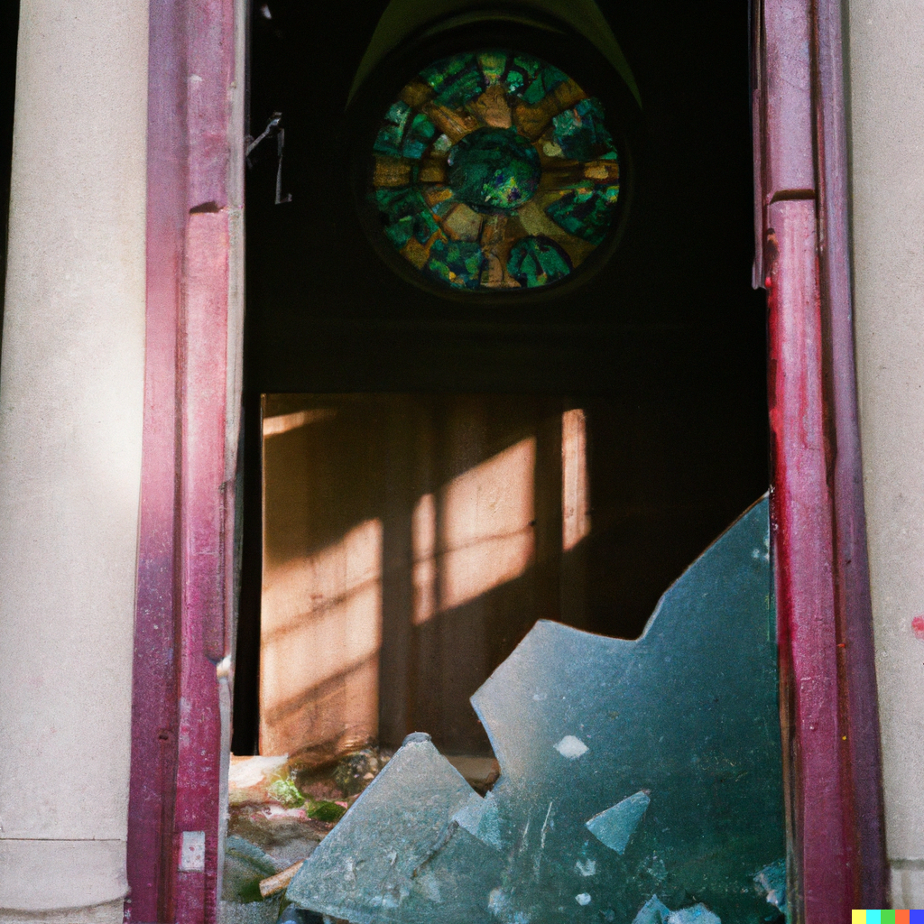 DALL·E 2022-08-10 22.07.34 – a 35mm photograph of a abandoned southern Baptist church with broken stained glass liminal