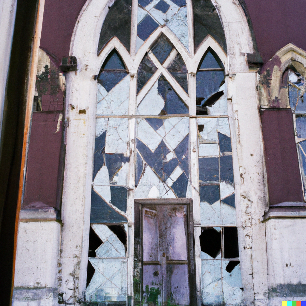 DALL·E 2022-08-10 22.07.37 – a 35mm photograph of a abandoned southern Baptist church with broken stained glass liminal