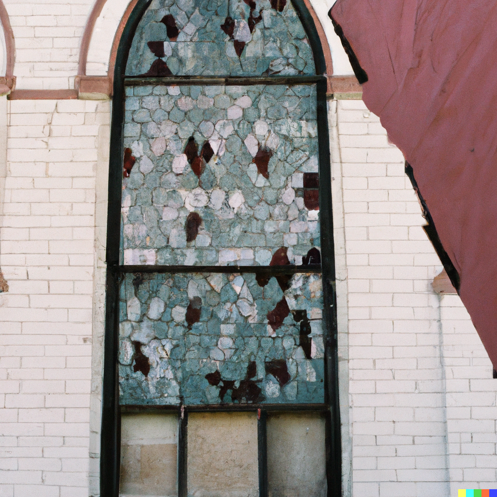 DALL·E 2022-08-10 22.07.40 – a 35mm photograph of a abandoned southern Baptist church with broken stained glass liminal